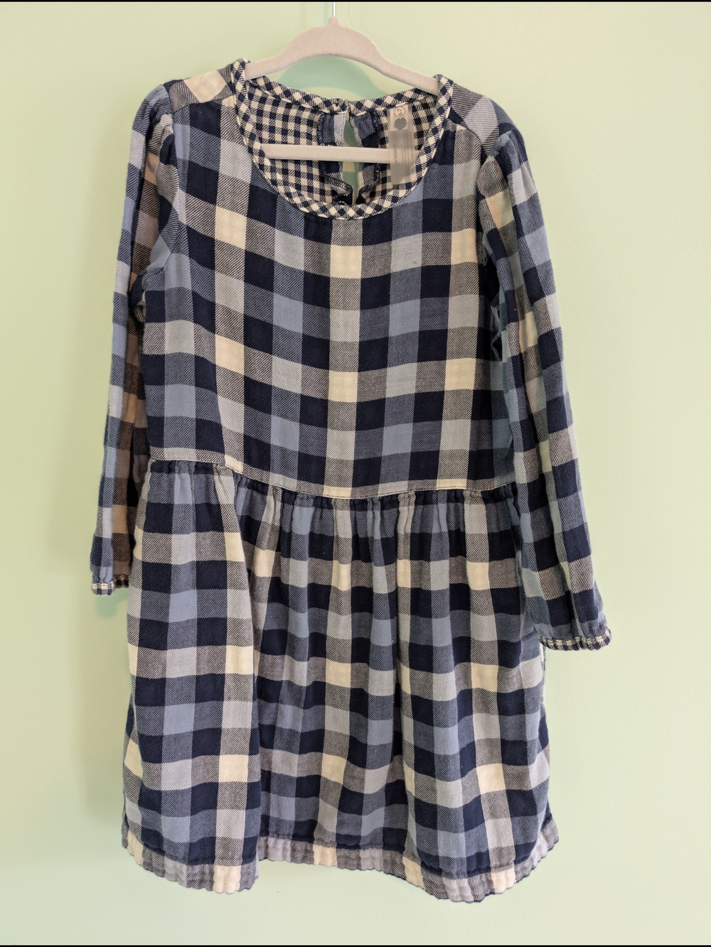 Primary- Girls Navy Blue Plaid Long-Sleeve Dress With Pockets -Size 6-7
